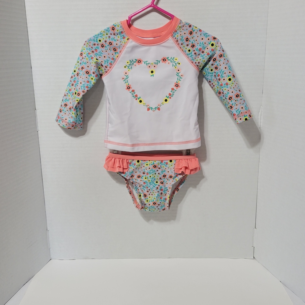 Cat & Jack Girls 9M Floral Rash Guard Bikini Set Long Sleeve Swim